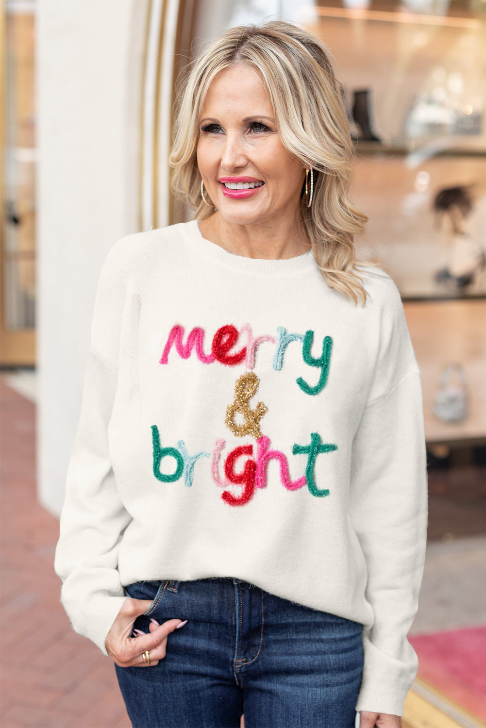 White Merry & Bright Round Neck Casual Sweater - loveforevers