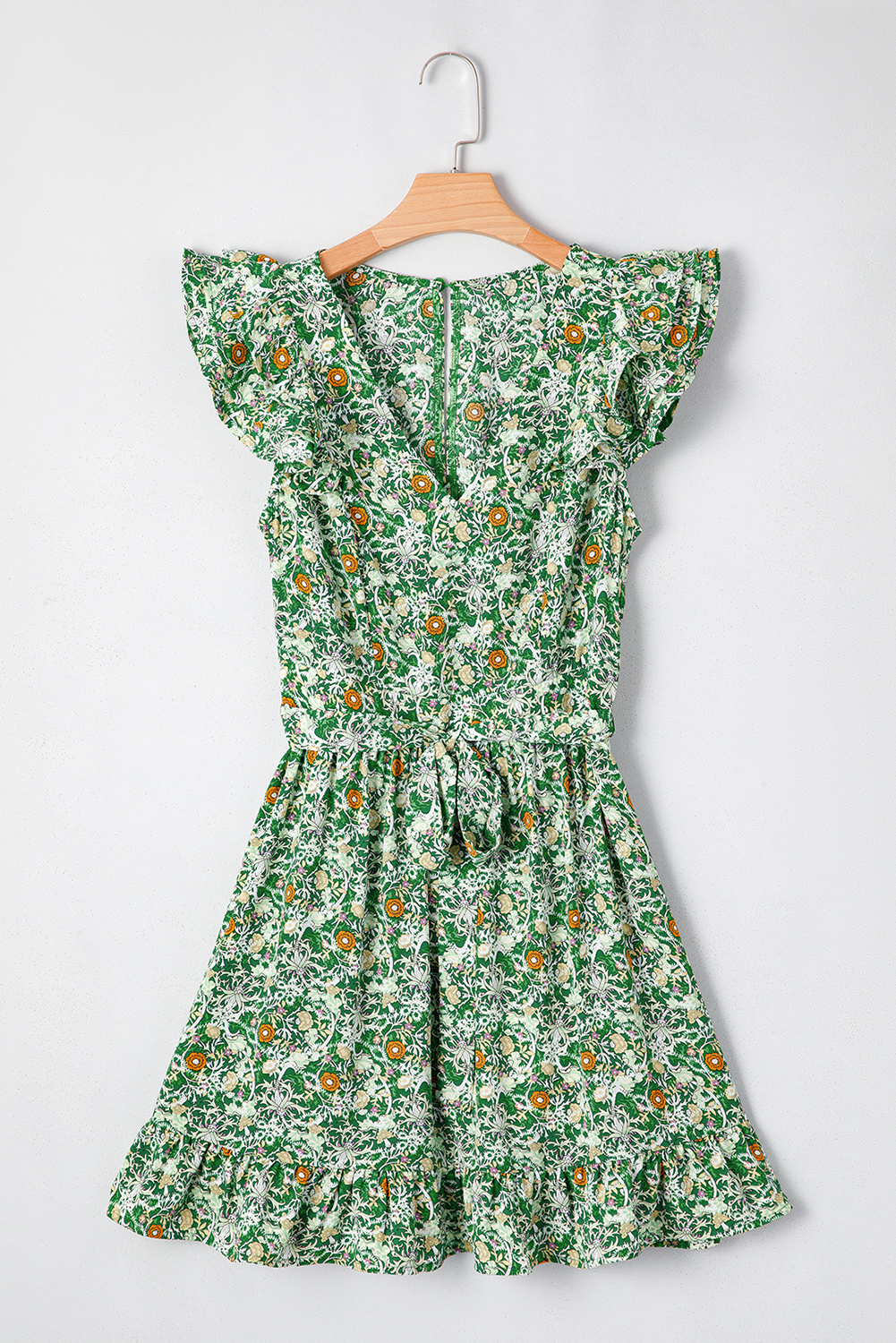 Green Flower Print Flutter Sleeve V Neck Sashed Ruffled Mini Dress - loveforevers