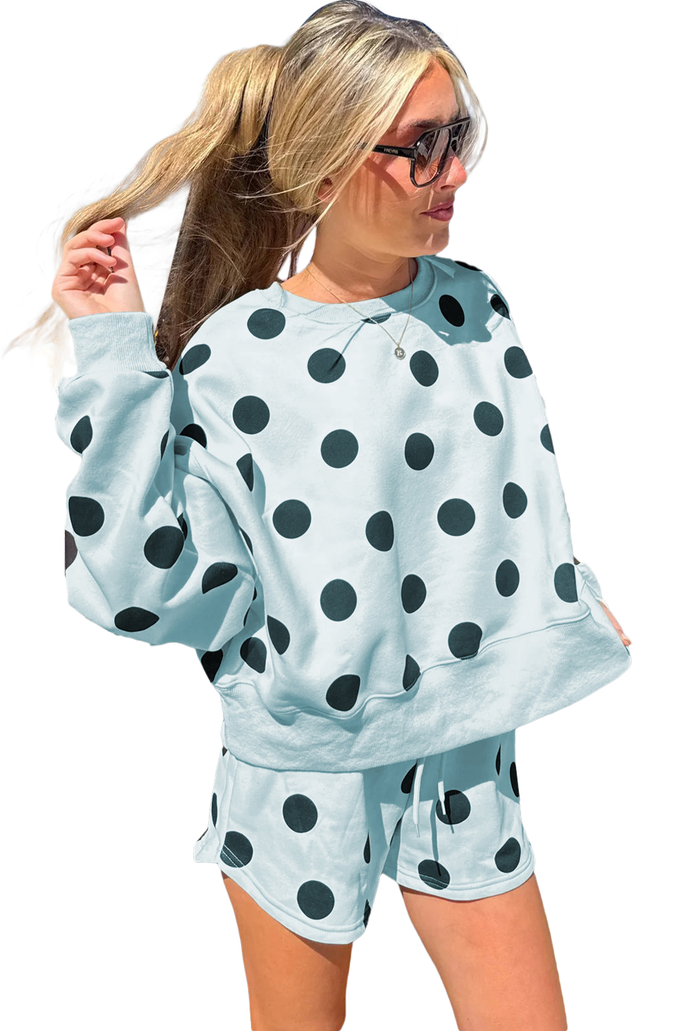 Beige Polka Dot Print Drop Shoulder Pullover Drawstring Jogger Pant Set - loveforevers