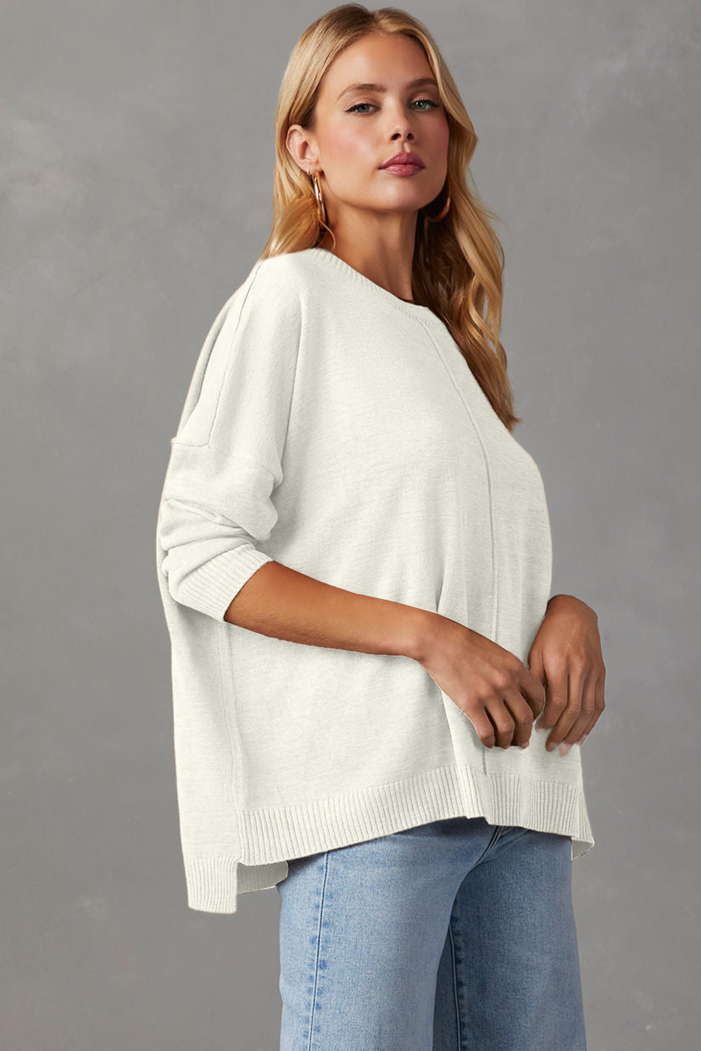 White Front Center Seam Drop Shoulder Pullover Solid Sweater - loveforevers
