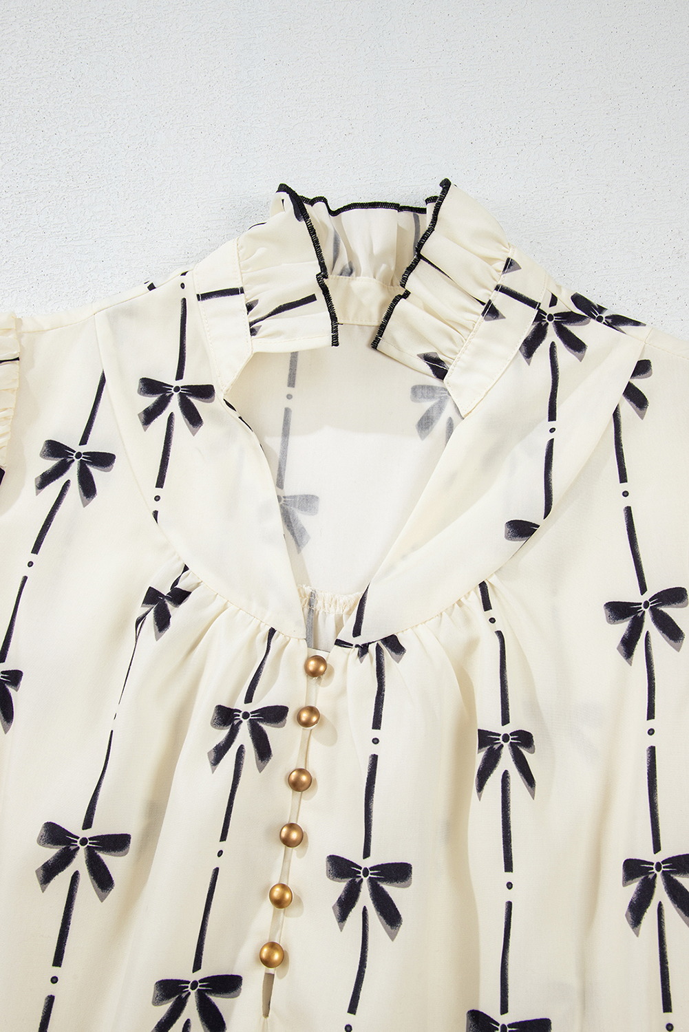 Beige Cute Bowknot Printed Bubble Sleeve V Neck Mini Dress - loveforevers