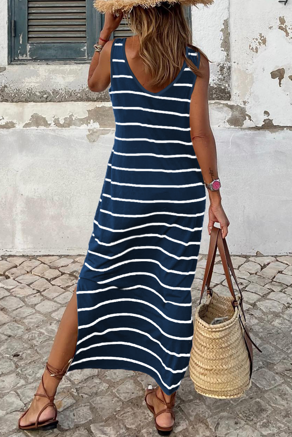 Blue Gray Stripe Print Open Back Sleeveless Maxi Dress with Slits - loveforevers