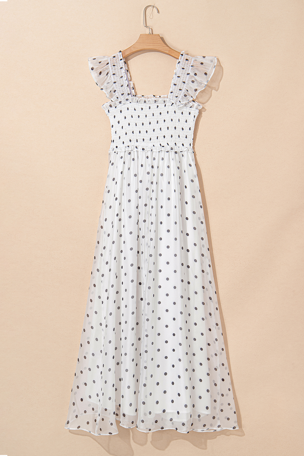 White Polka Dot Flutter Sleeve Square Neck Smocked Maxi Dress - loveforevers