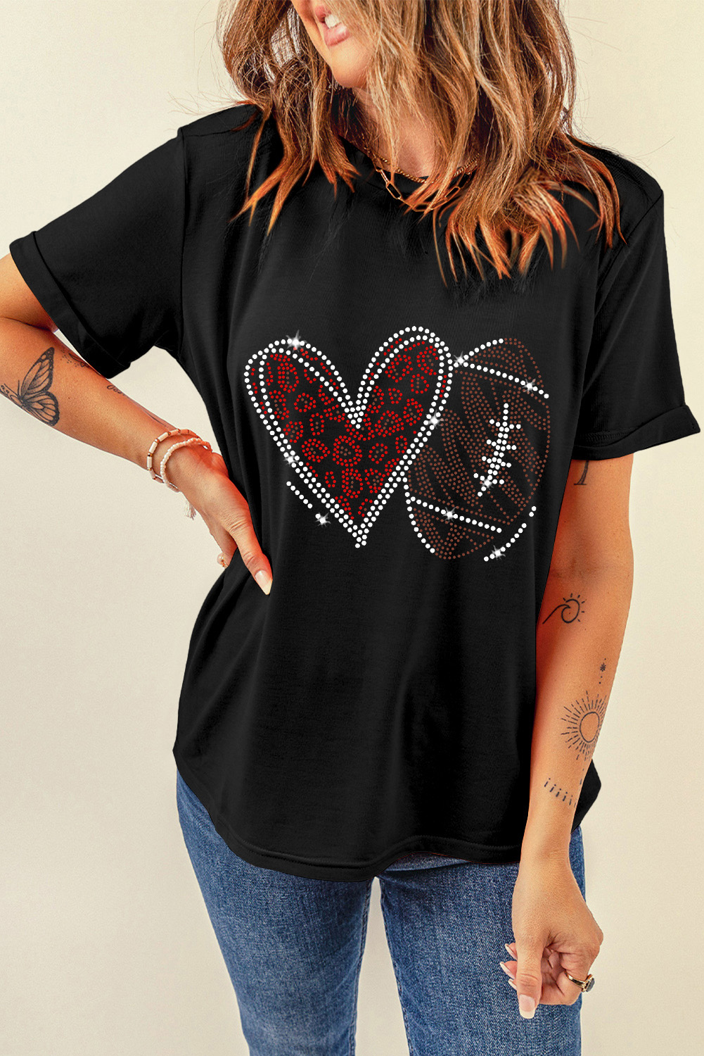 Black Rhinestone Rugby Football Heart Shape Graphic T Shirt - loveforevers