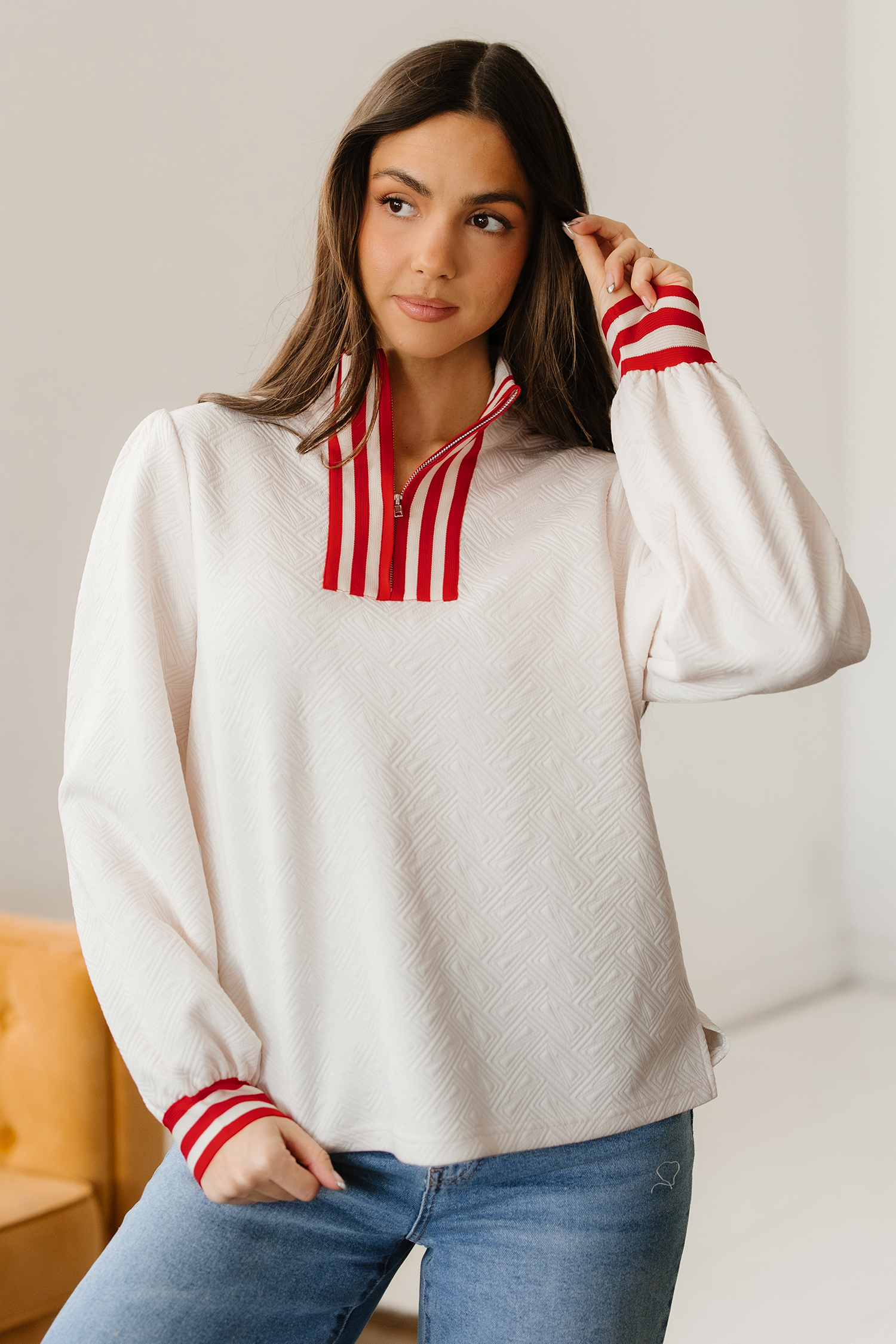 White Textured Knit Contrast Striped Accent Zipped Collar Pullover Top - loveforevers