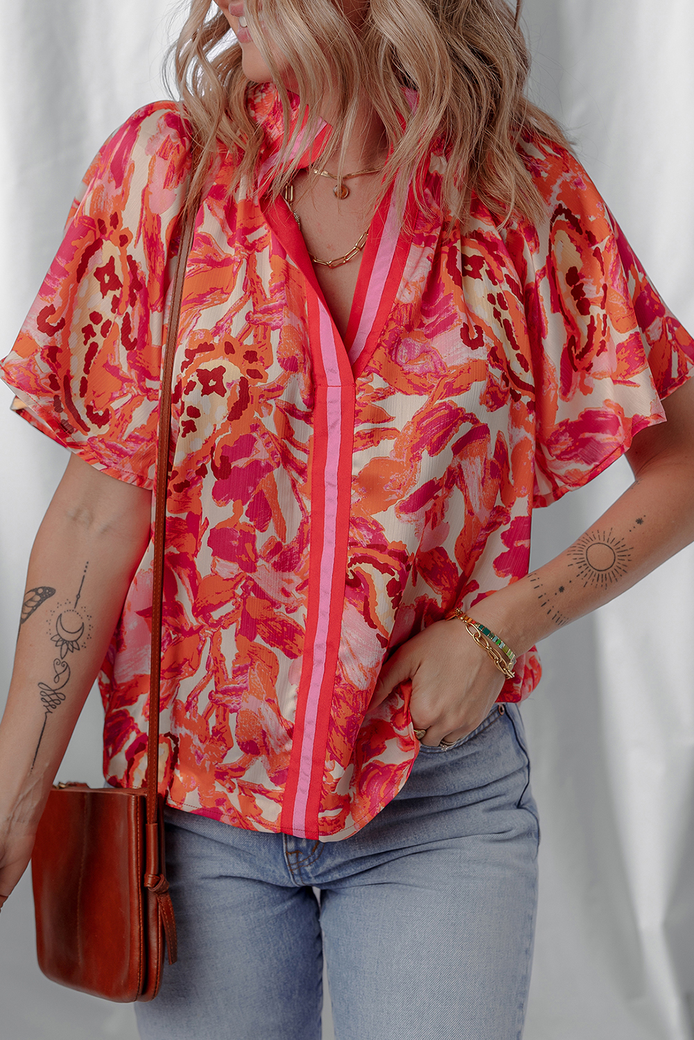 Rose Abstract Print Striped Trim Split Neck Blouse - loveforevers