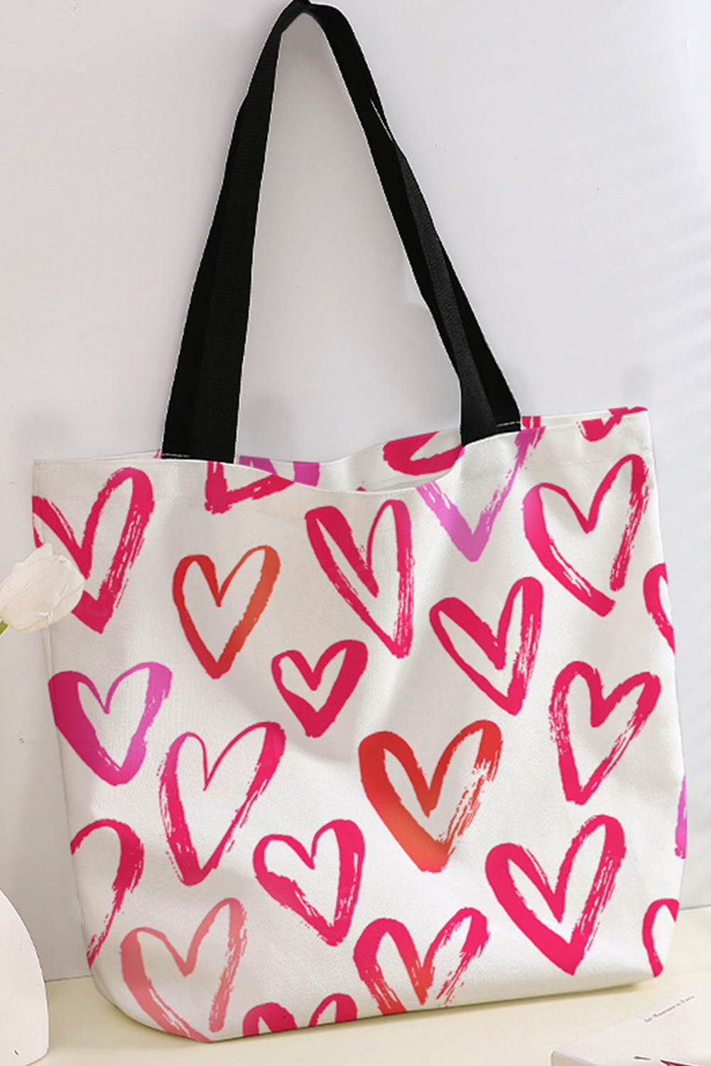 Bright Pink Heart Shape Print Canvas Large Tote Bag - loveforevers