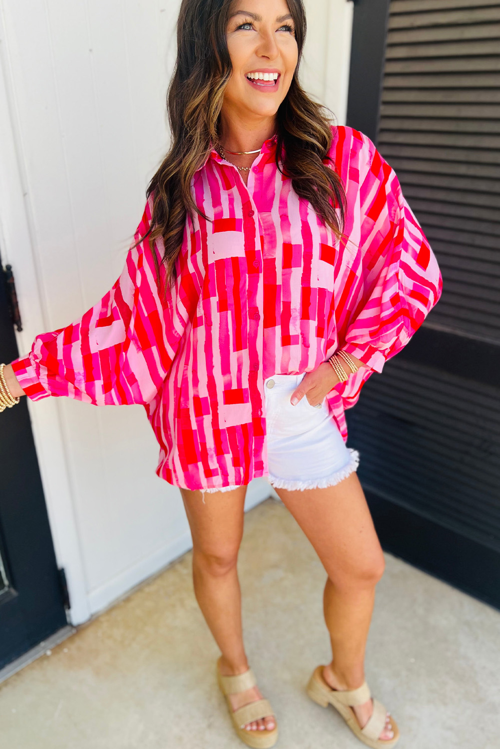 Pink Abstract Print Batwing Sleeve Casual Shirt - loveforevers