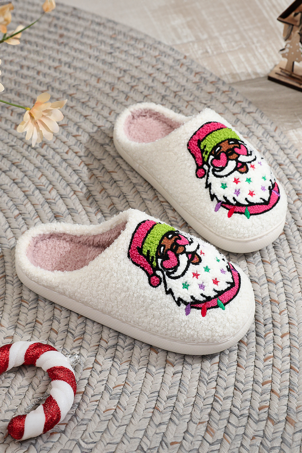 White Starry Santa Claus Pattern Christmas Plush Slippers - loveforevers