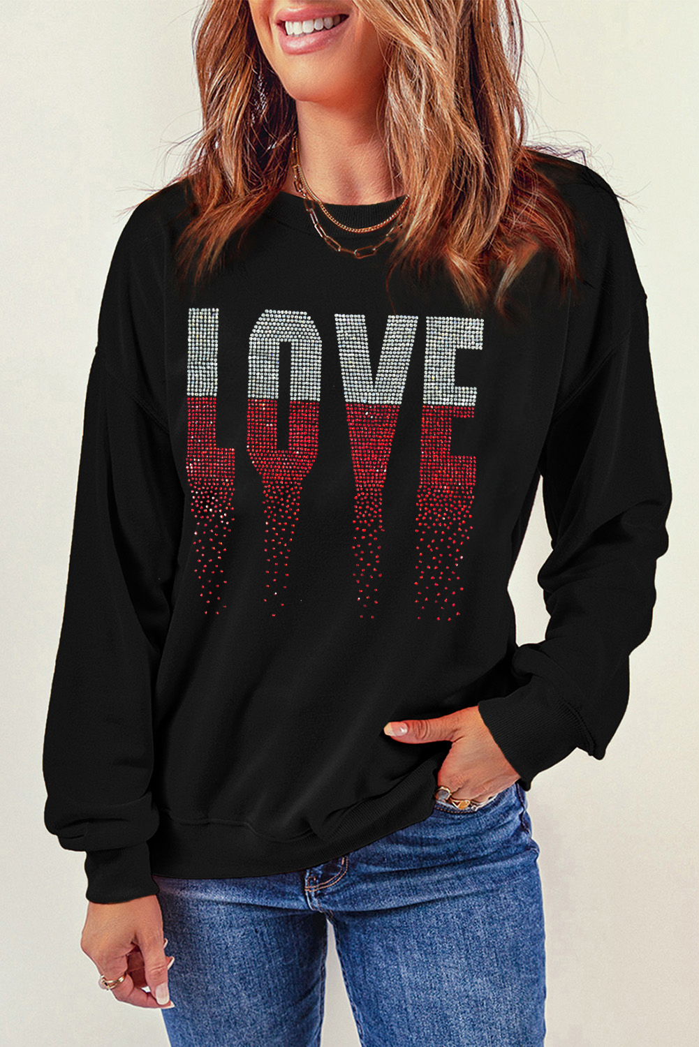 Black Rhinestone LOVE Graphic Crewneck Valentines Sweatshirt - loveforevers