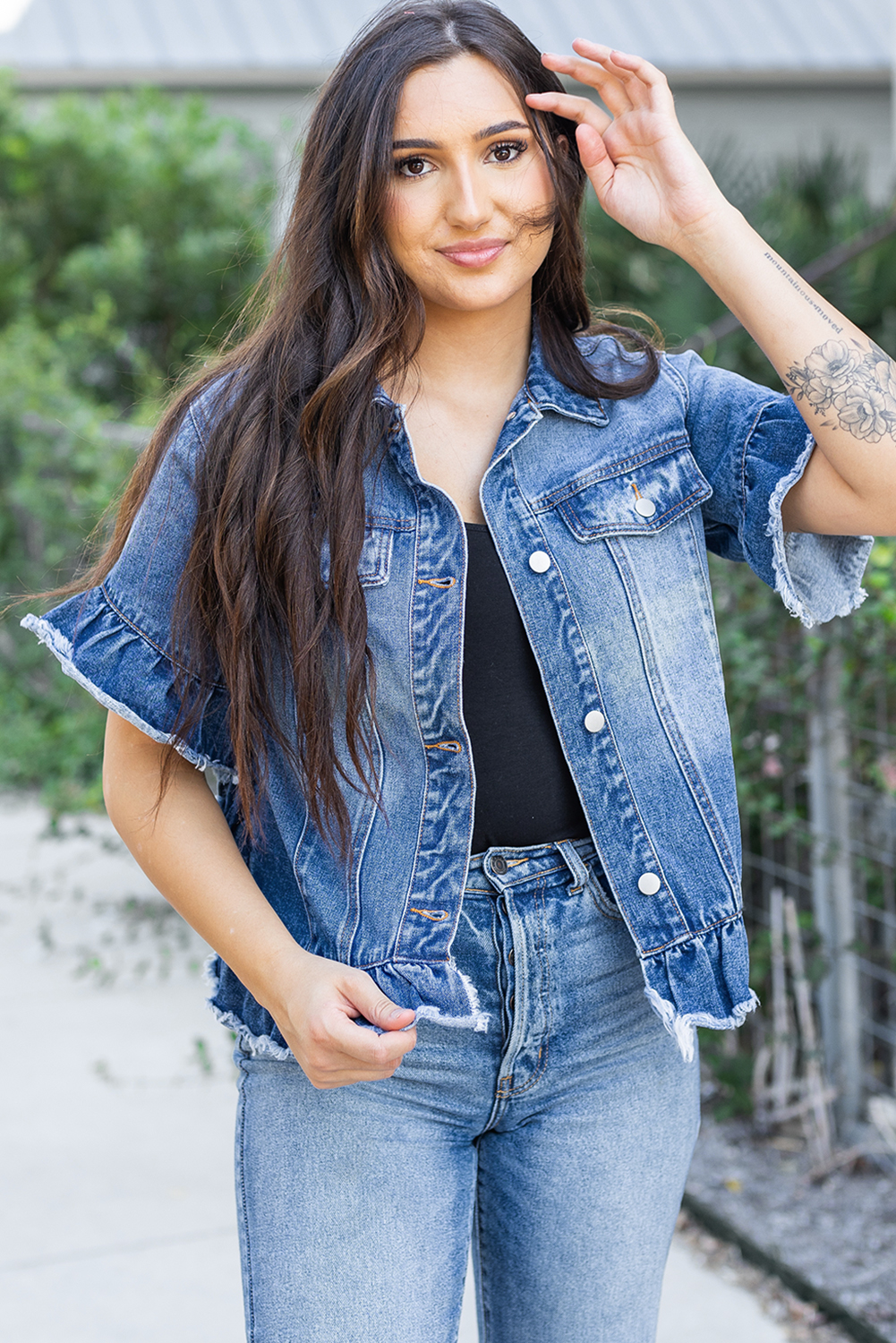 Peacock Blue Raw Edge Ruffled Short Sleeve Denim Jacket - loveforevers