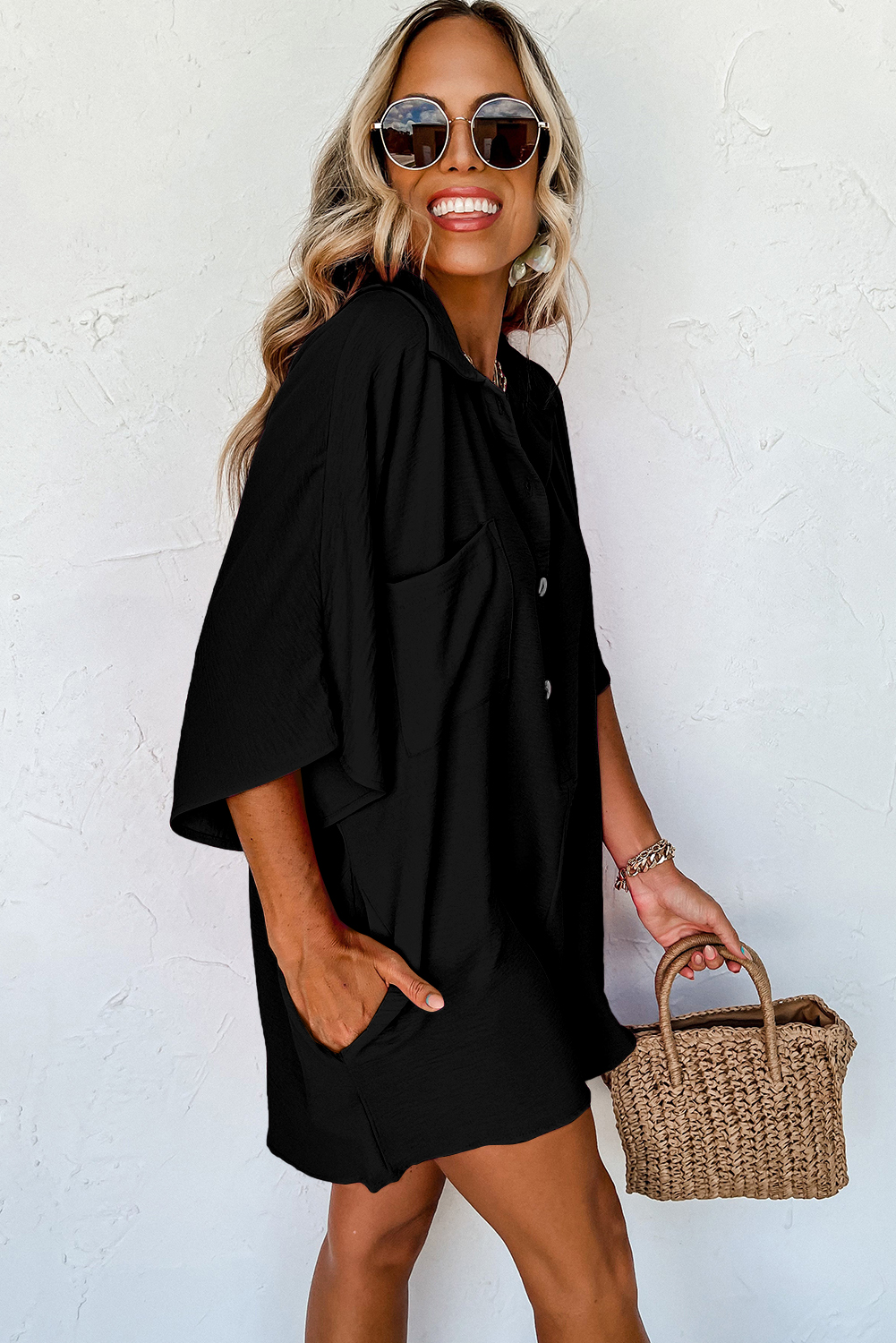 Black Half Button Collared Loose Romper - loveforevers
