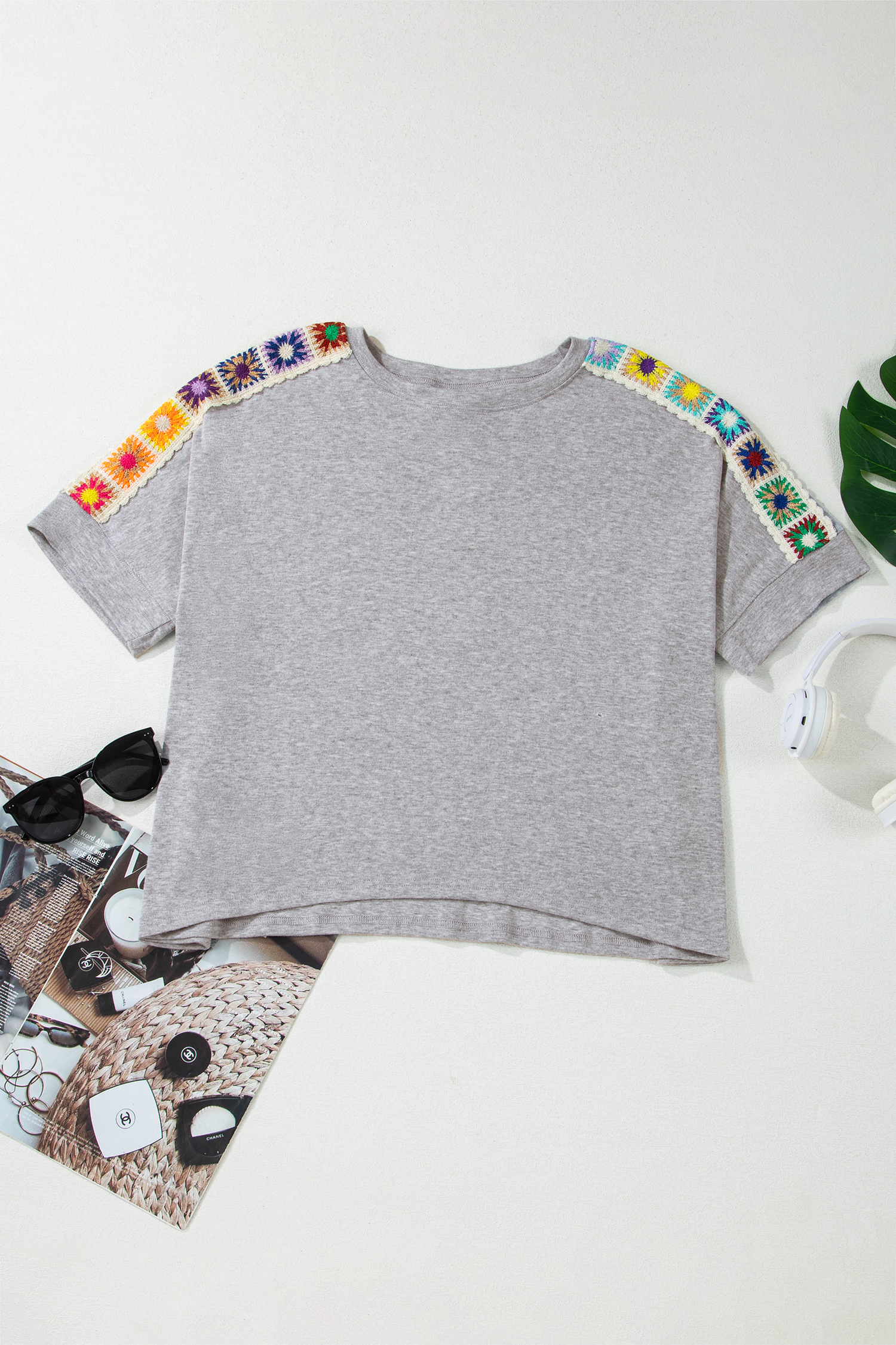 Light Grey Granny Square Crochet Detail Loose T Shirt - loveforevers