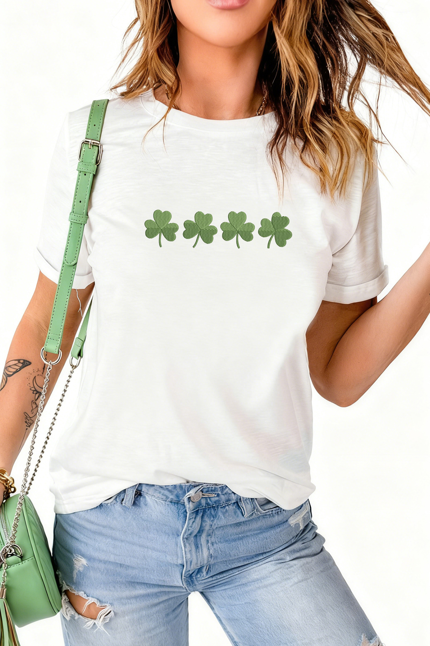White Embroidered Clover St Patricks Fashion Graphic Tee - loveforevers