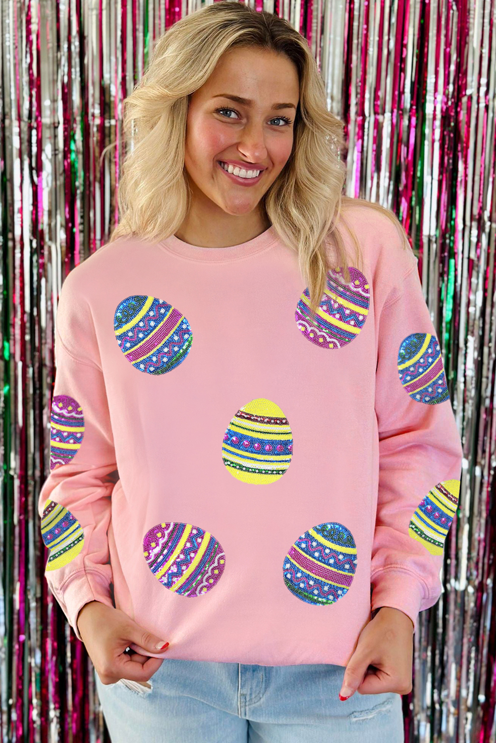 Pink Sequined Bunny Egg Easter Day Pullover Sweatshirt - loveforevers
