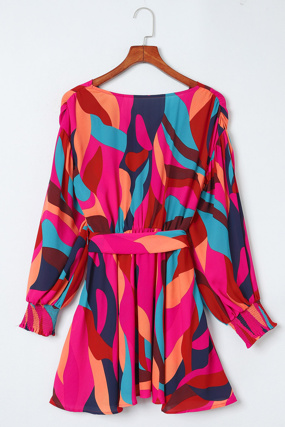 Fiery Red Abstract Printed Belted Puff Sleeve Mini Dress - loveforevers