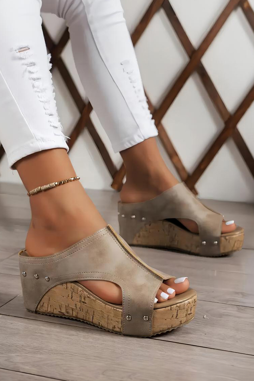Chestnut Hollow Out Studded PU Leather Wedge Slippers - loveforevers