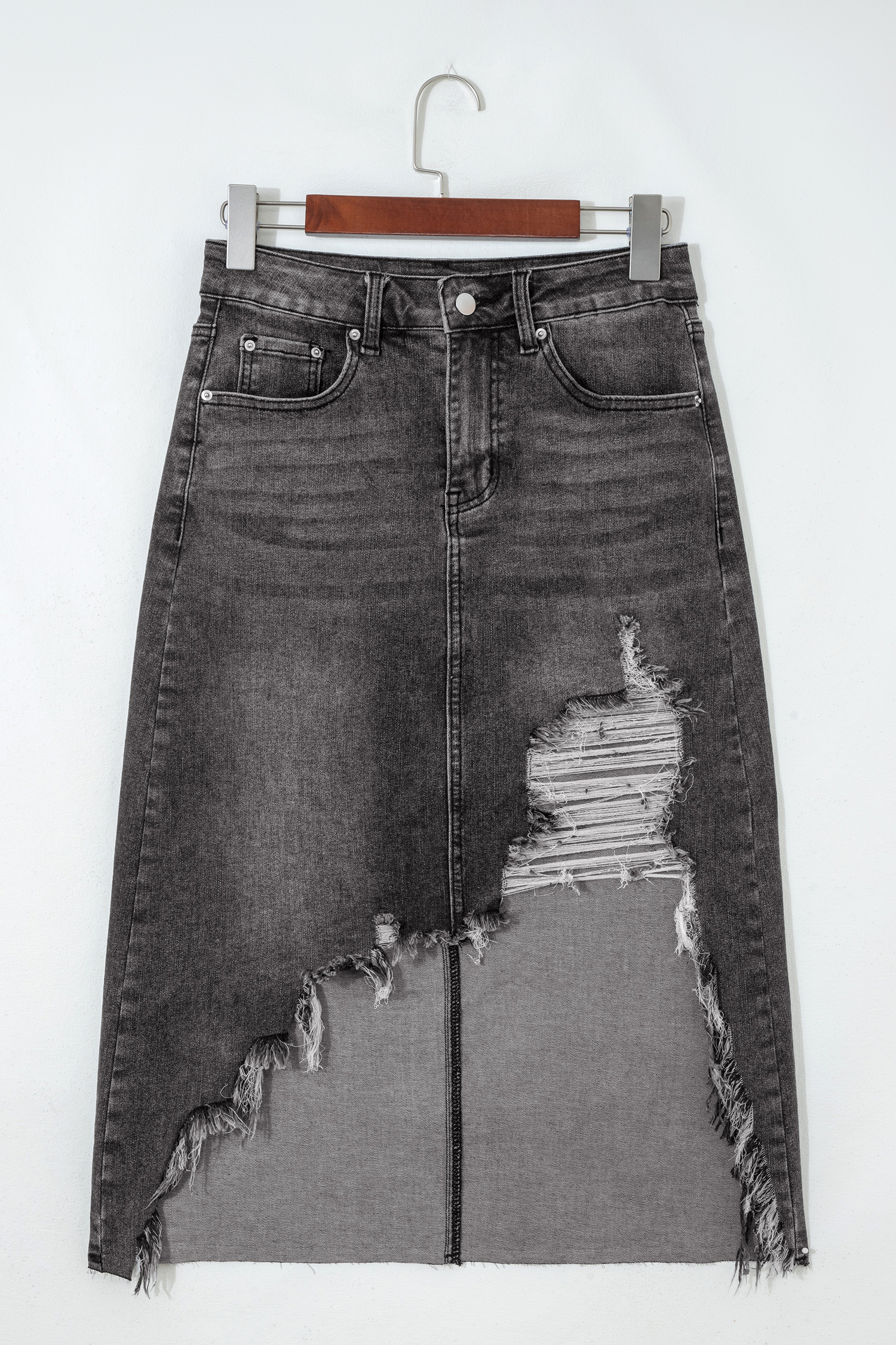 Sail Blue Dearlove Irregular Distressed Bottom Denim Midi Skirt - loveforevers