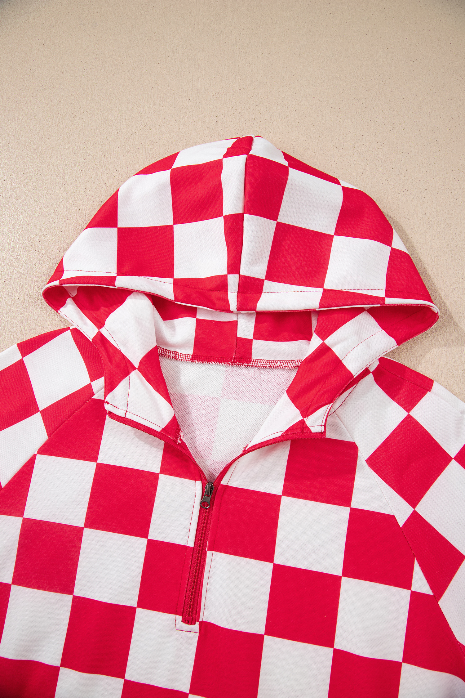 Red Checkered Print Half Zip Hoodie Loose Pant Set - loveforevers