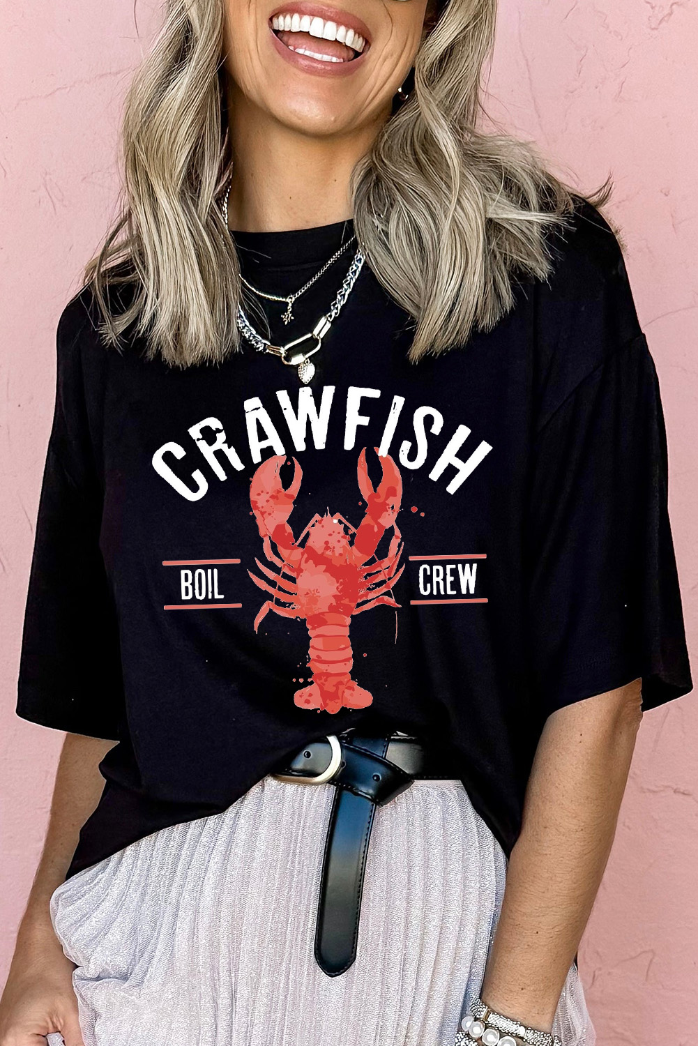 Black CRAWFISH BOIL CREW Distressed Letter Graphic T Shirt - loveforevers