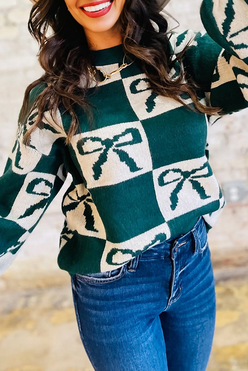 Blackish Green Checkered Bow Print Casual Sweater - loveforevers