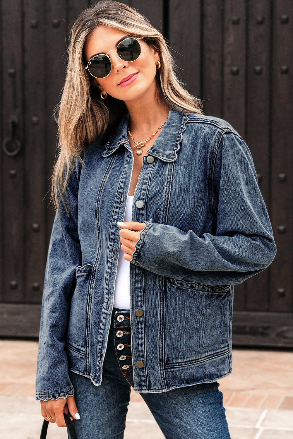 Myosotis Scallop Trim Collar Patched Pocket Button Up Mineral Washed Denim Jacket - loveforevers