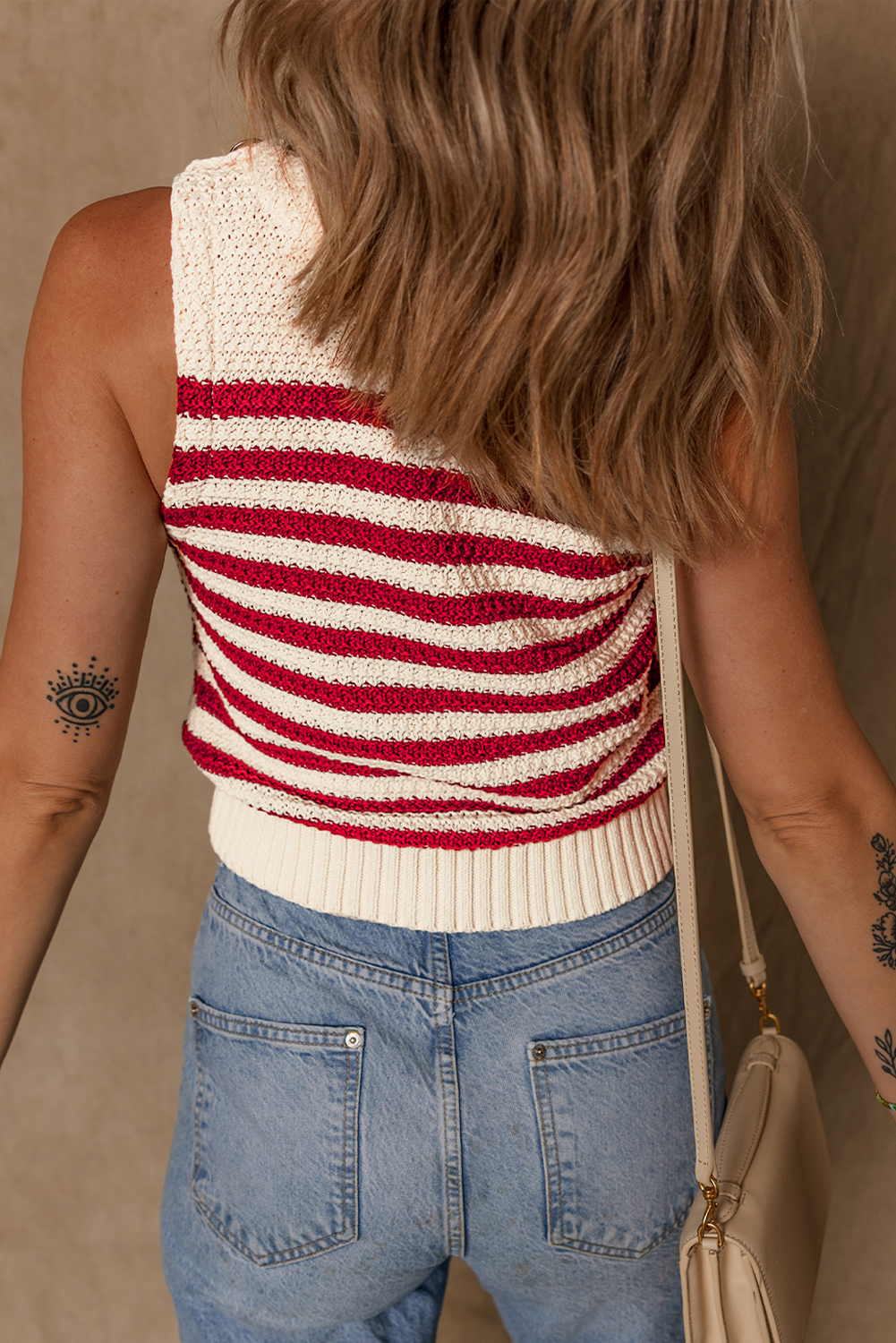 Red Stripe Textured Knit Ribbed Hem Sweater Tank Top - loveforevers