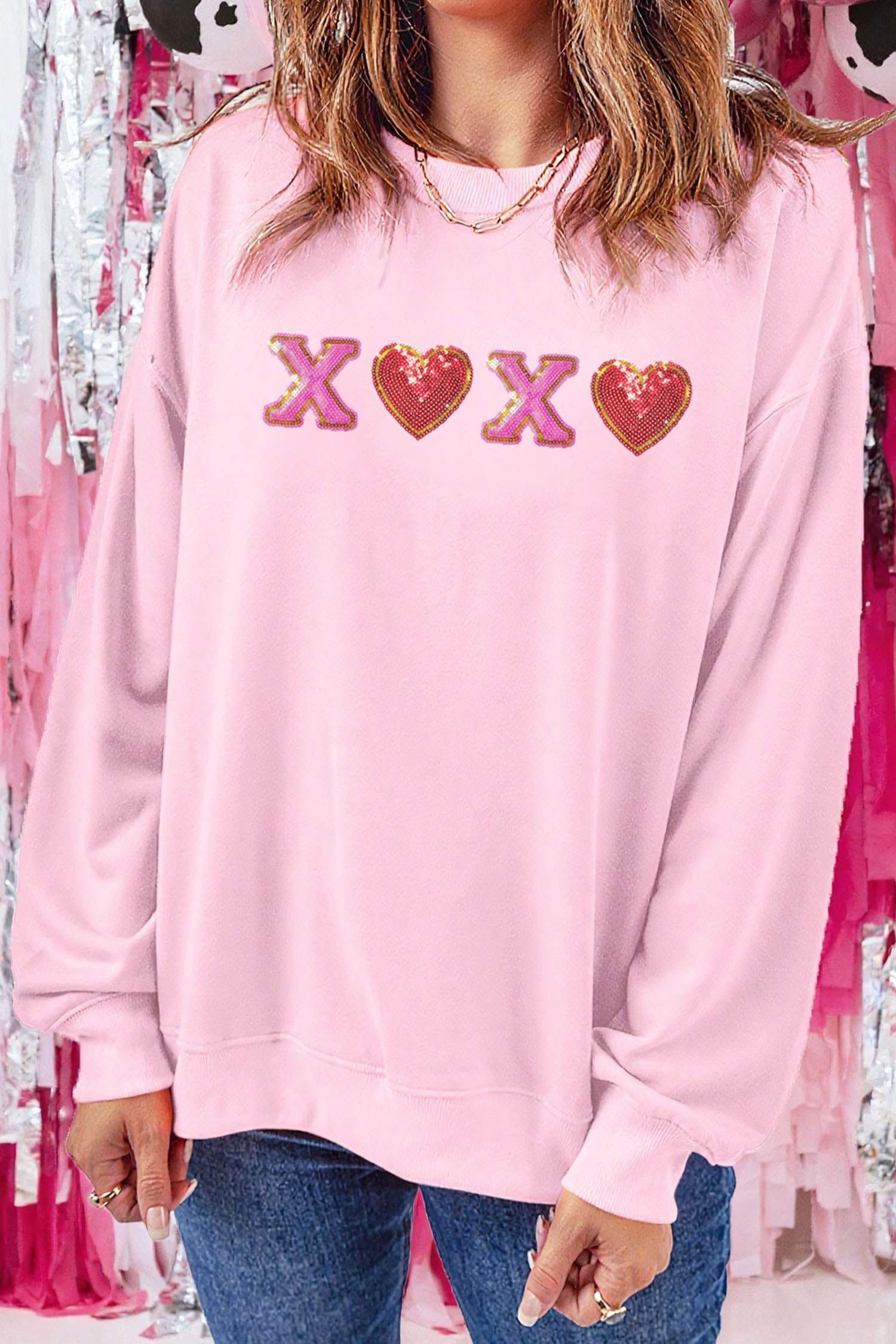 Pink XOXO Sequin Heart Patched Valentines Day Drop Shoulder Sweatshirt - loveforevers