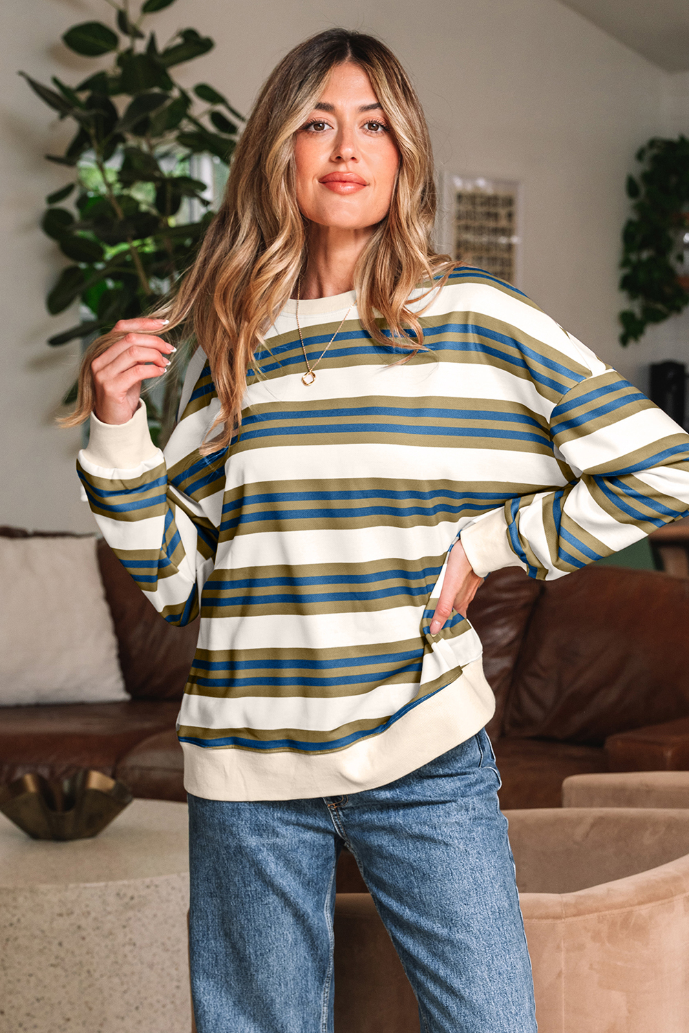 Khaki Stripe Crew Neck Drop Shoulder Pullover Sweatshirt - loveforevers