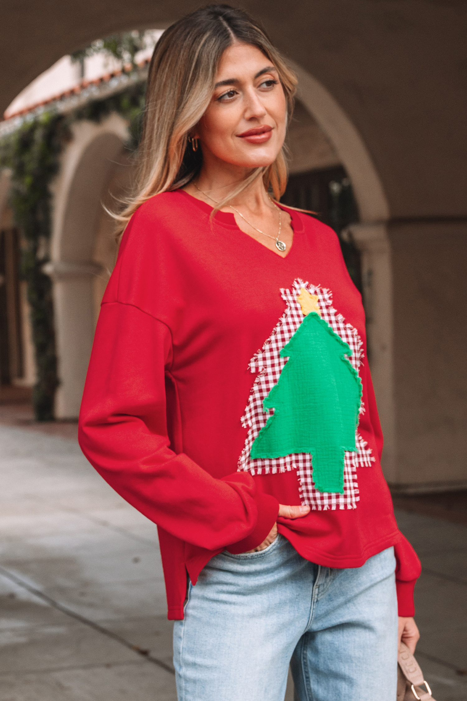 Fiery Red Plaid Frayed Double Christmas Tree Patched Drop Shoulder Sweatshirt - loveforevers