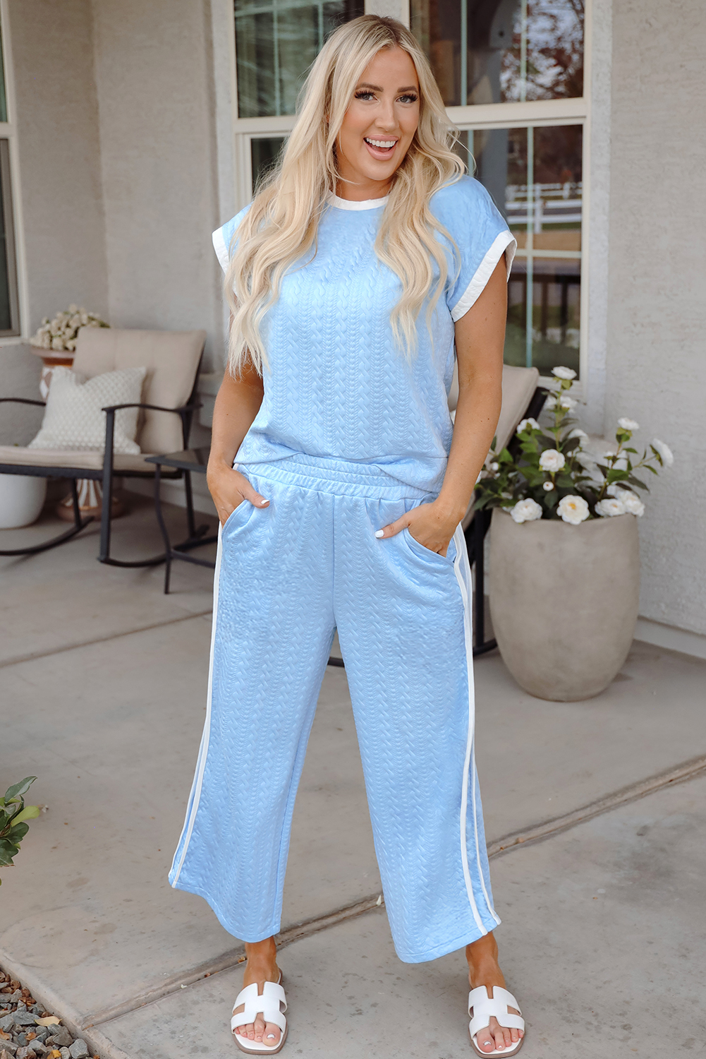 Beau Blue Textured Colorblock Edge Tank Top High Waist Pants Set - loveforevers