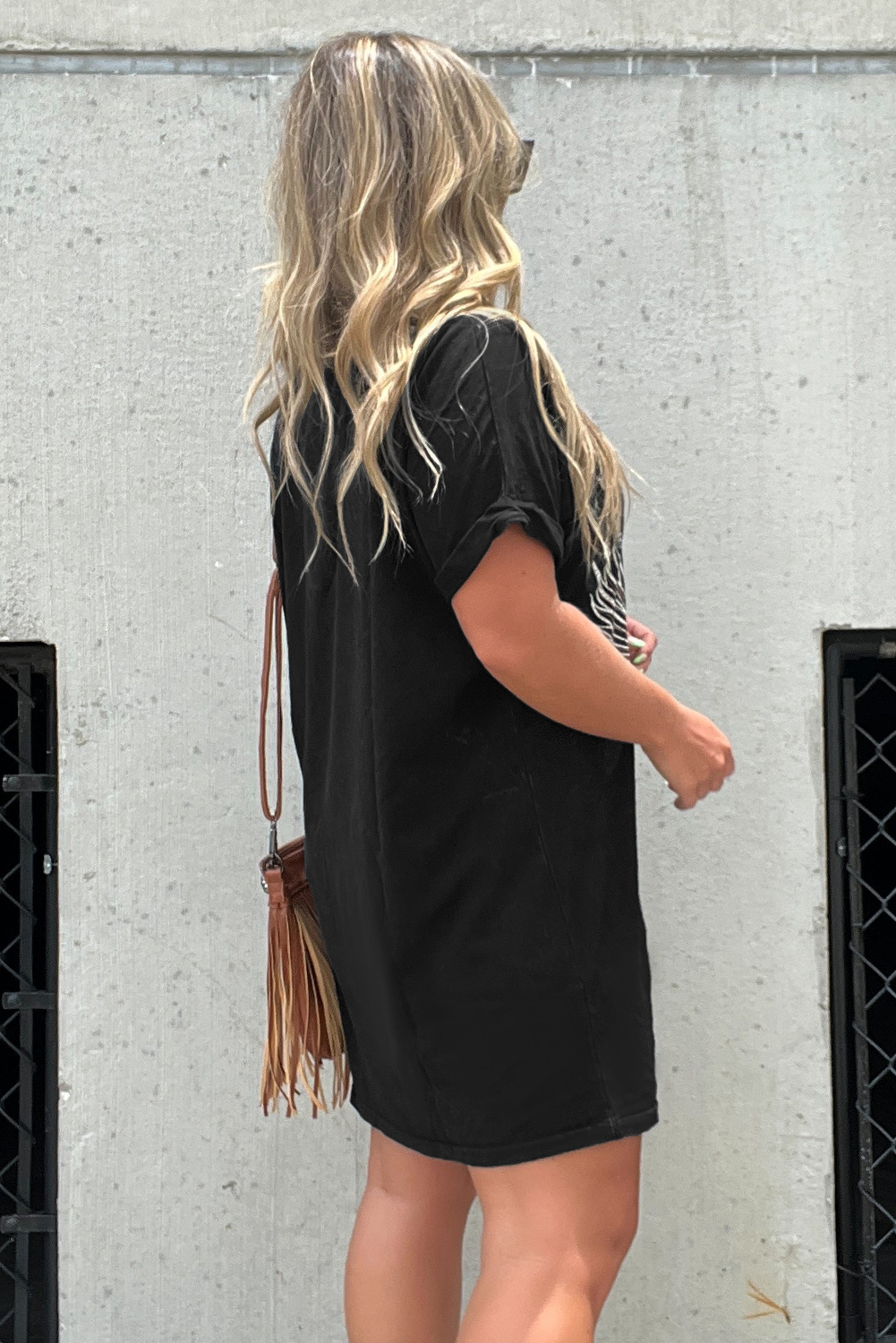 Black Nashville Guitar Print Crew Neck T Shirt Mini Dress - loveforevers