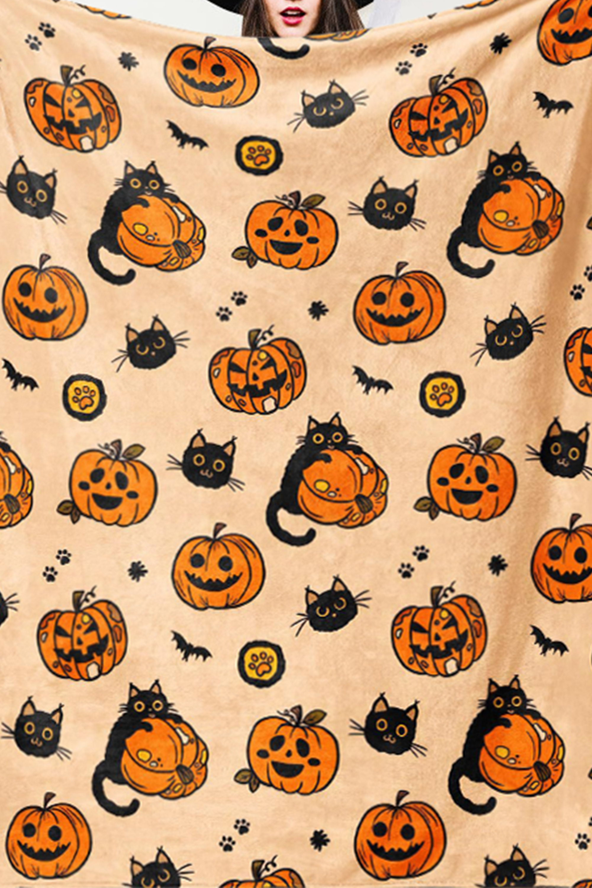 Russet Orange Halloween Pumpkin Cat Printed Fleece Blanket - loveforevers