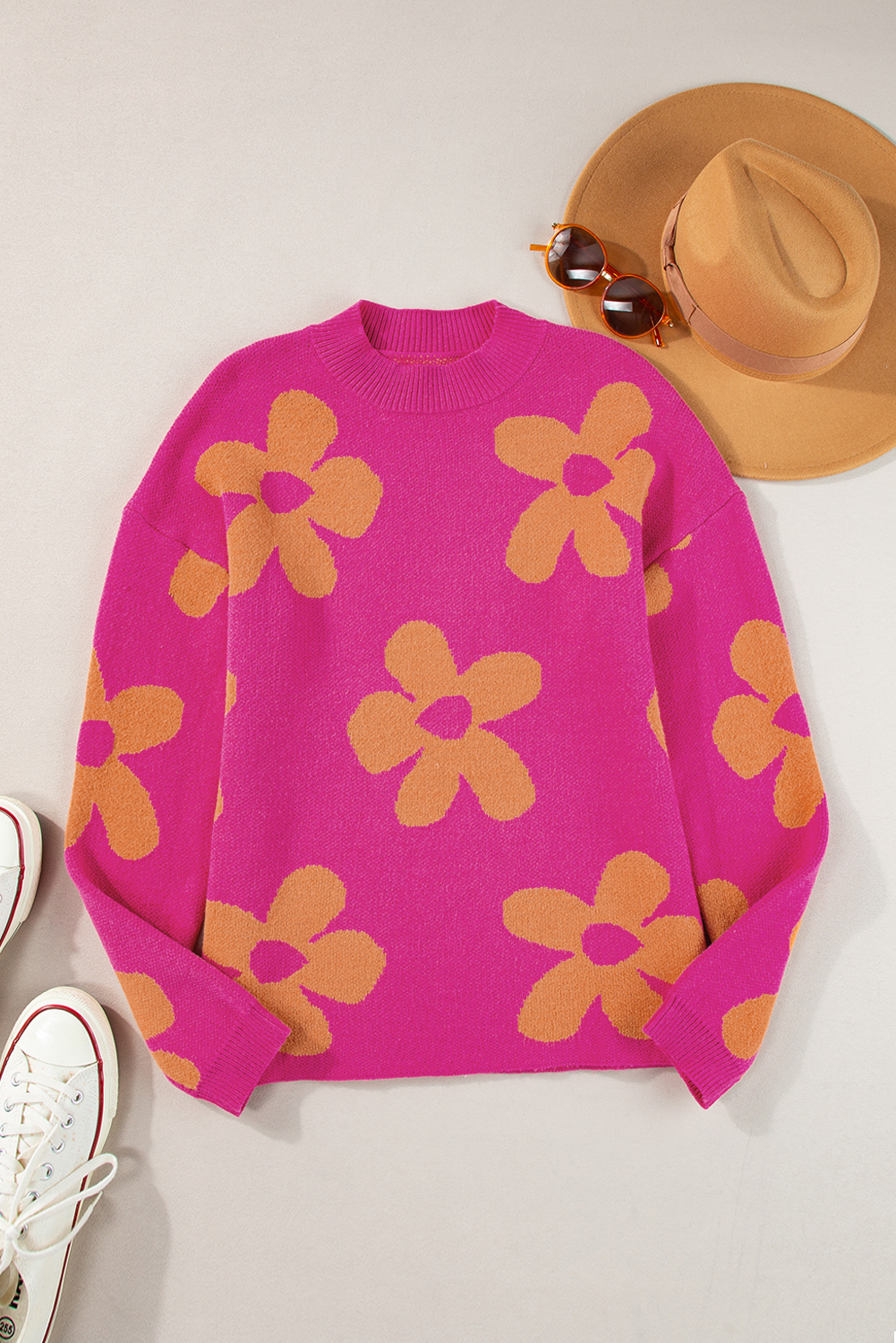 Rose Big Flower Pattern Mock Neck Long Sleeve Sweater - loveforevers