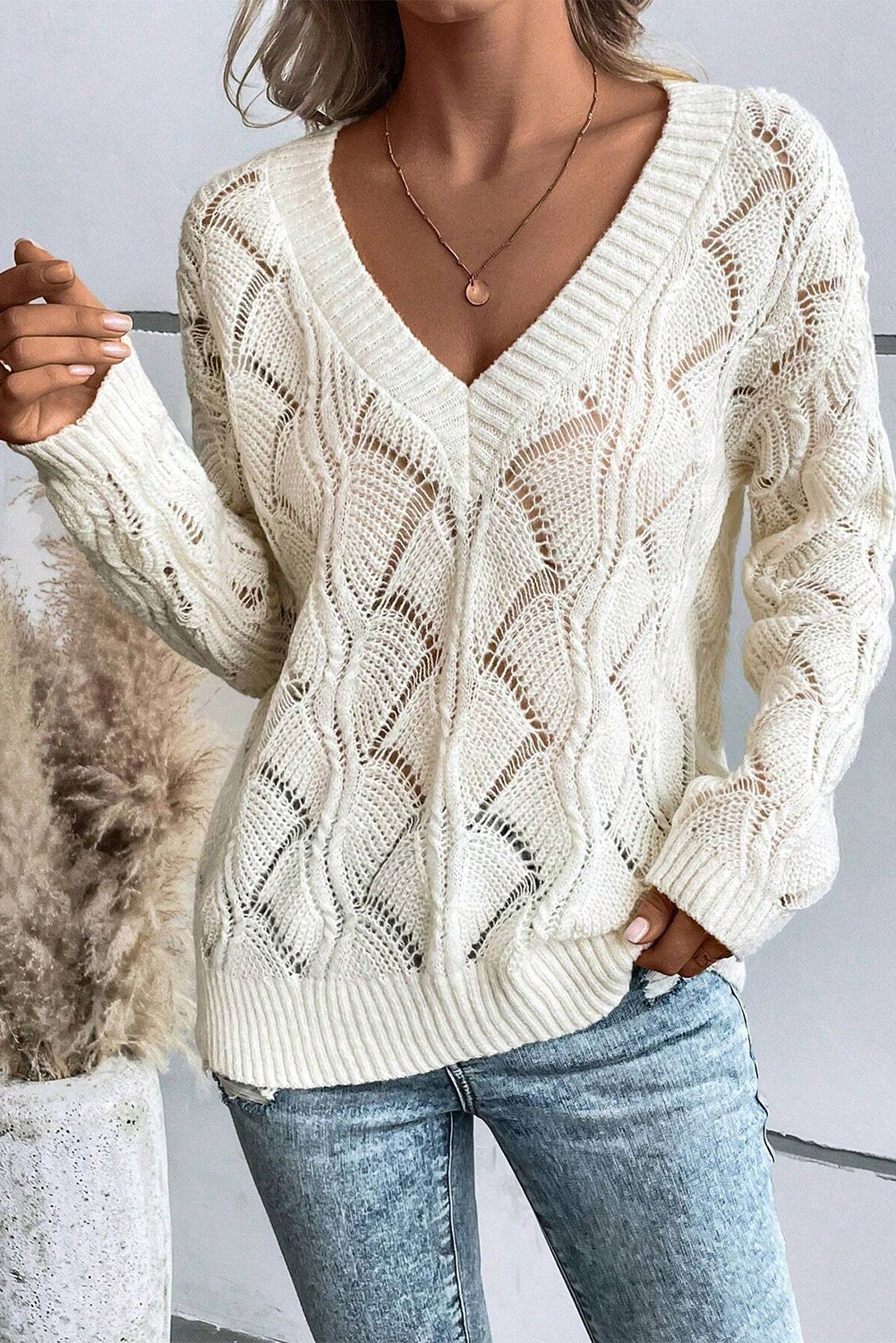 Beige Hollow Out Knit V Neck Drop Shoulder Sweater - loveforevers