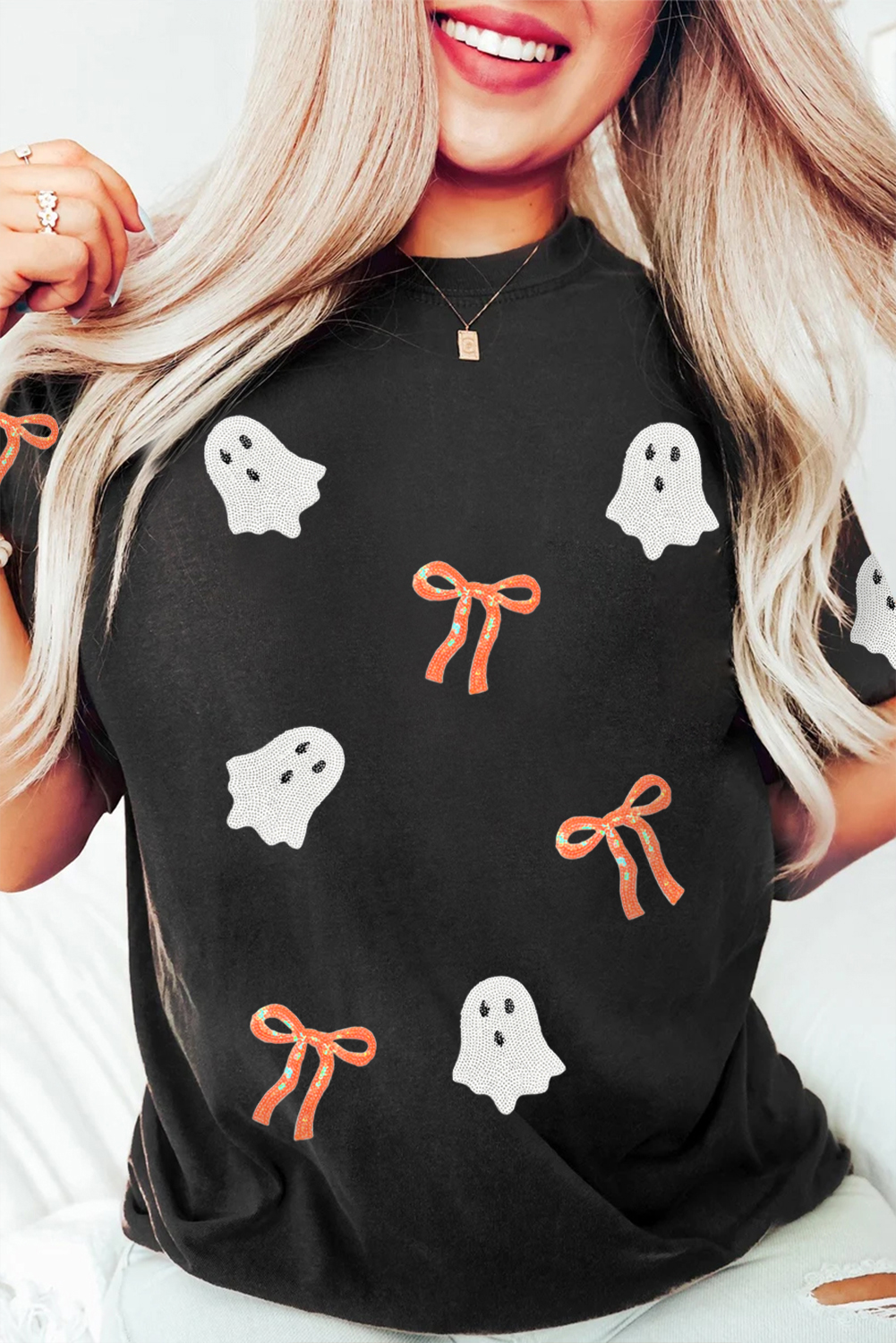 Black Sequin Bow Ghost Patched Halloween Graphic Tee - loveforevers