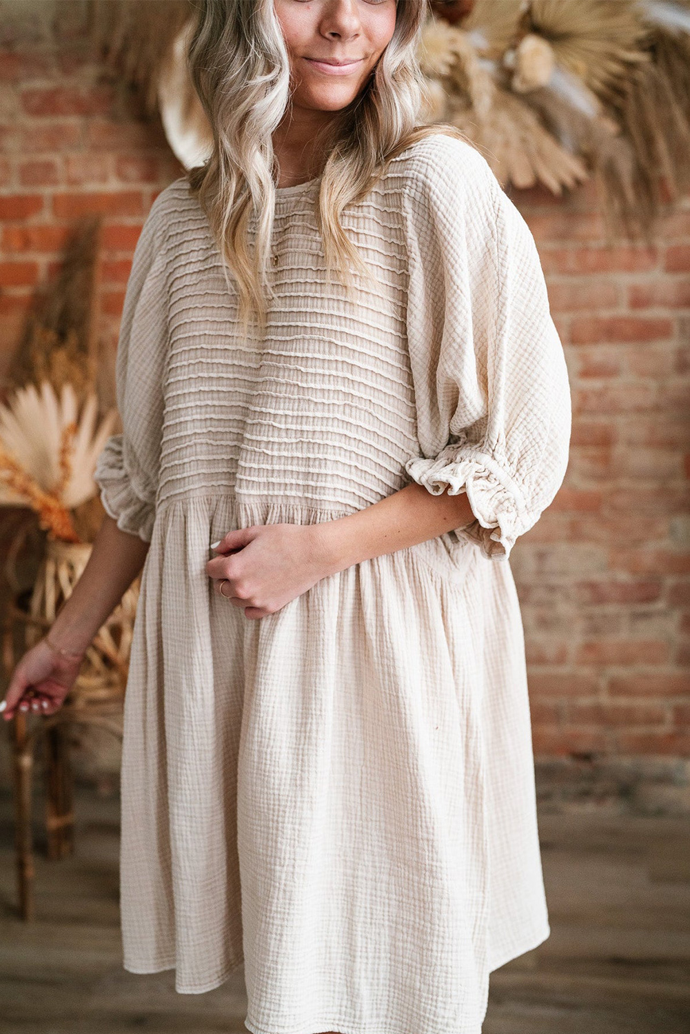 White Textured Ruffled Puff Sleeve Loose Dress - loveforevers