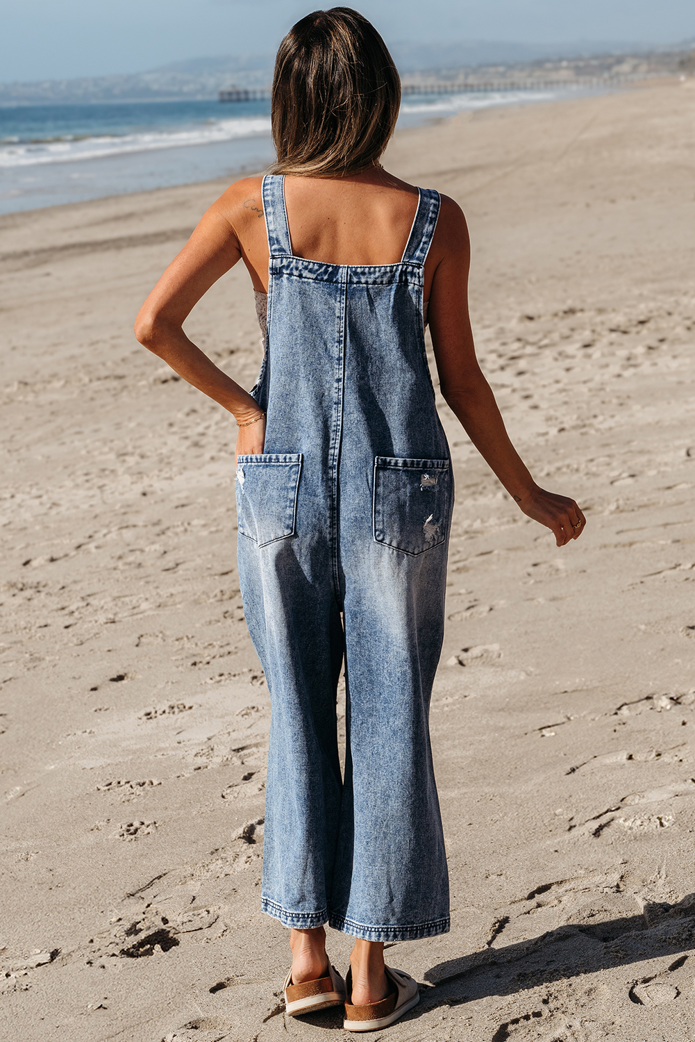 Stone Blue Distressed Bib Pocket Wide Leg Denim Overall - loveforevers