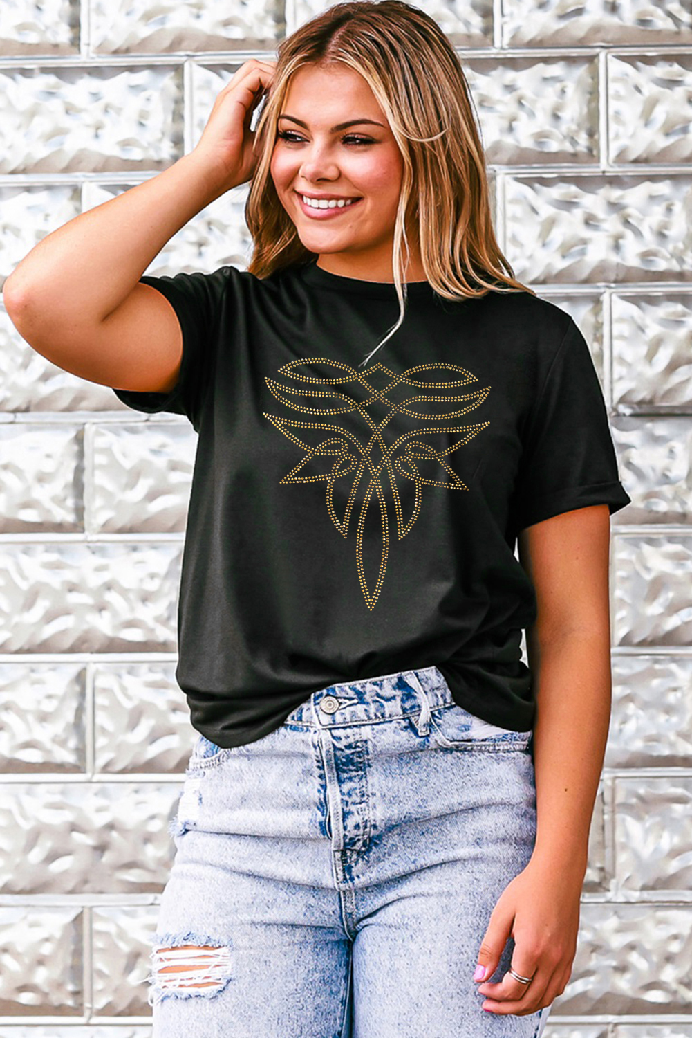 Black Rhinestone Western Pattern Cotton Blend Graphic T Shirt - loveforevers