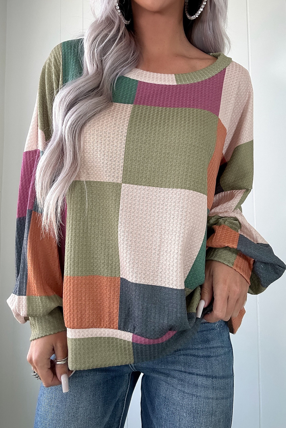 Green Checkered Print Textured Knit Long Sleeve Loose Top - loveforevers