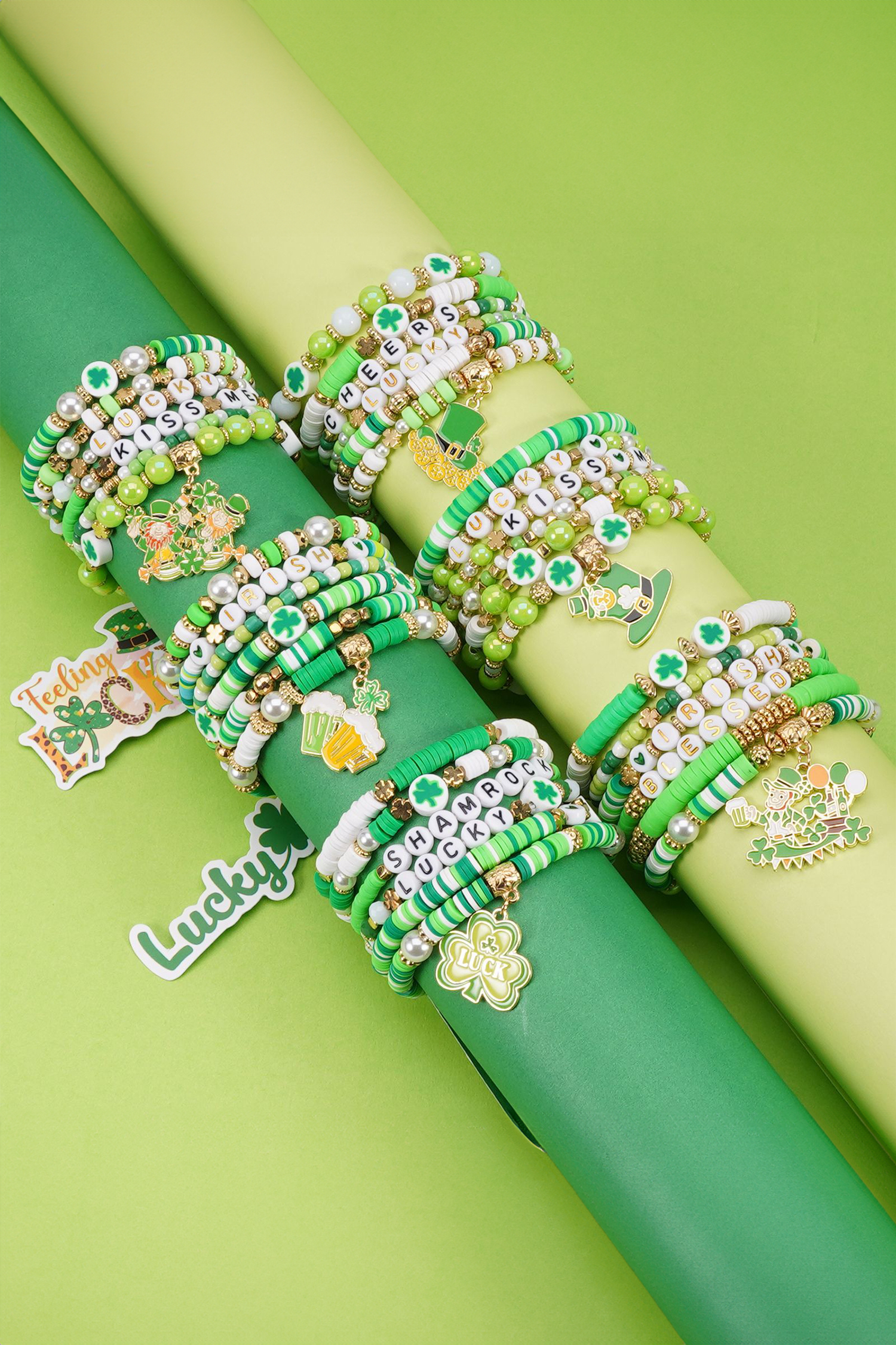 Green LUCKY CHEERS St Patricks Day Multilayered 6pcs Bracelet Set - loveforevers