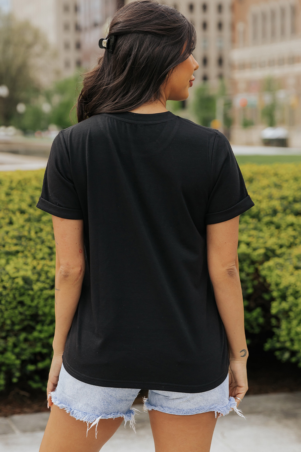 Black Checkerboard Bowknot Graphic Crewneck T Shirt - loveforevers