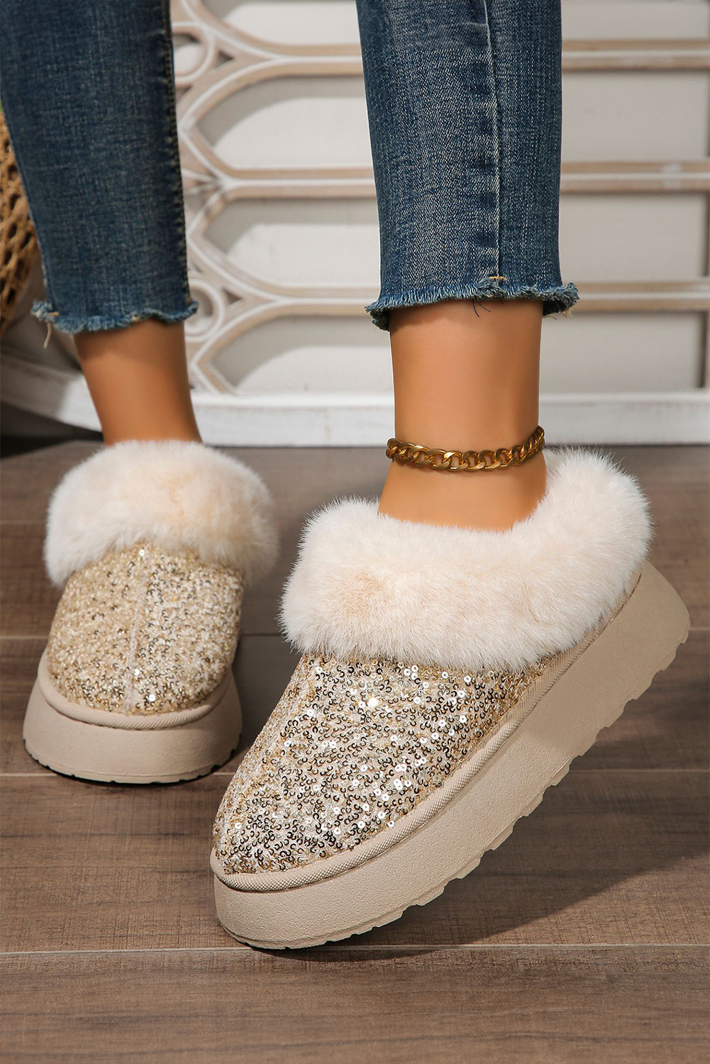 Gold Sequin Plush Lined Thick Sole Snow Boots - loveforevers
