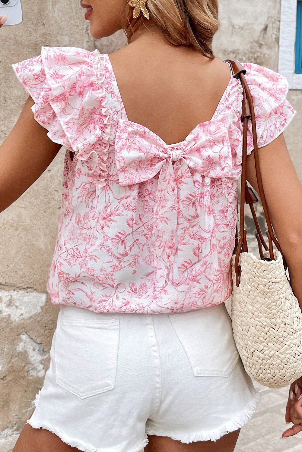 Beau Blue Textured Bow Knot Frilled Butterfly Sleeve Blouse - loveforevers