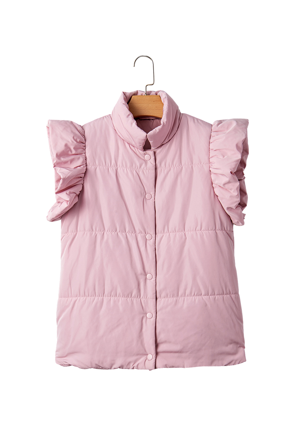 Pink Stand Neck Flutter Sleeve Snap Button Puffer Vest - loveforevers