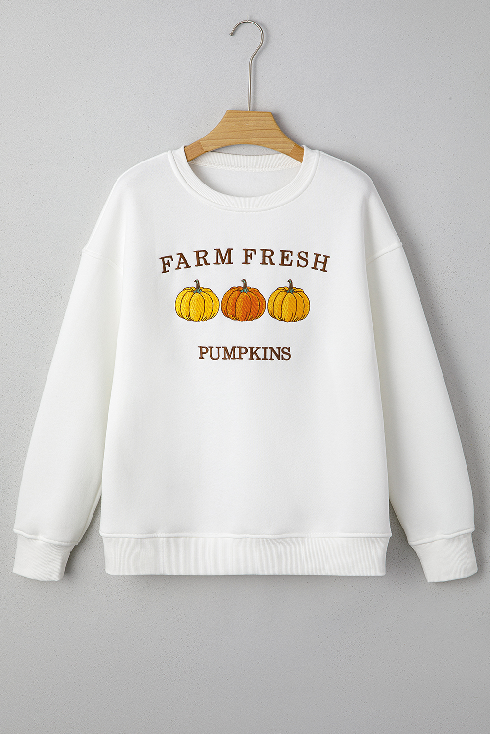 White FARM FRESH PUMPKINS Embroidered Graphic Thanksgiving Holiday Sweatshirt - loveforevers