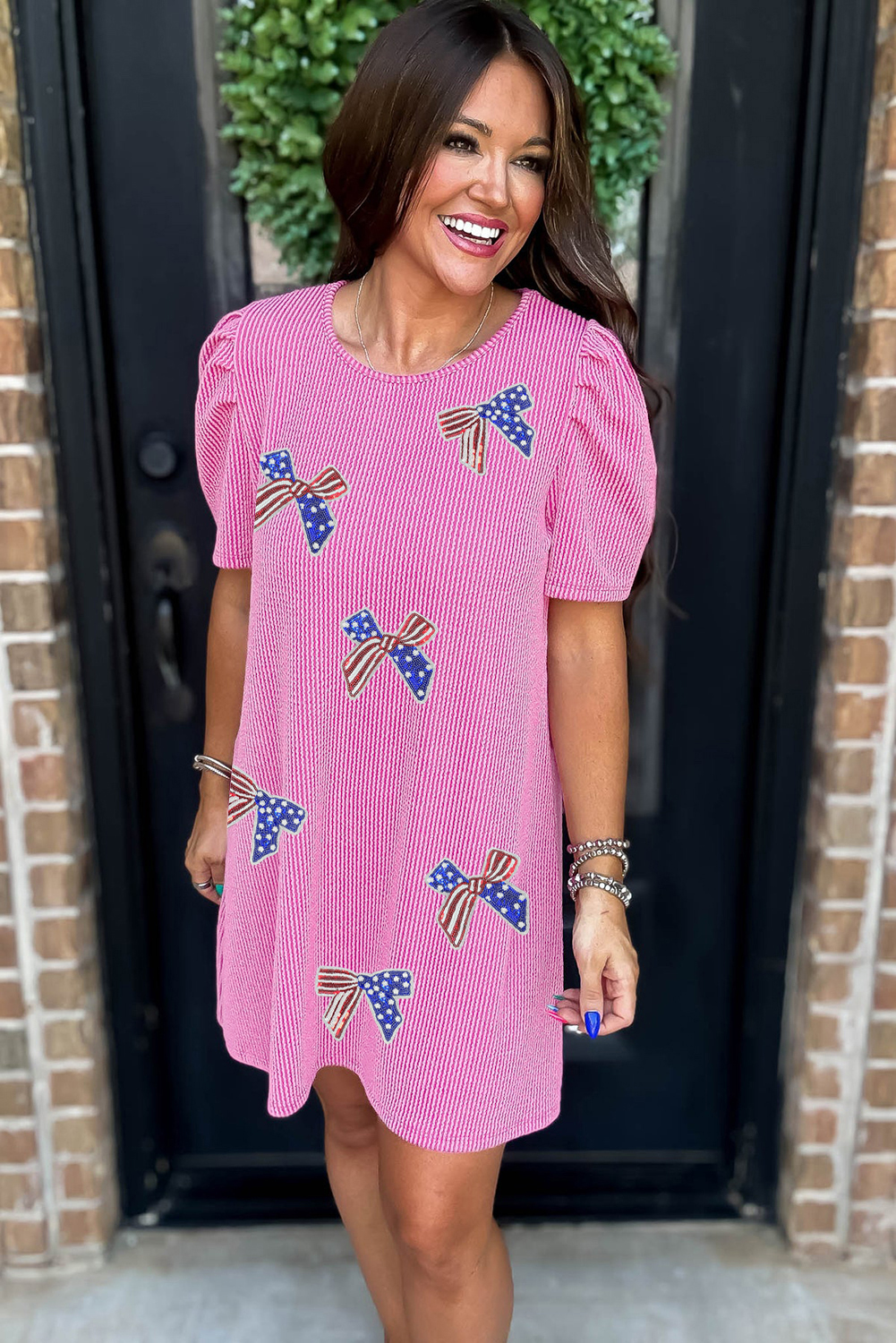 Bright Pink Flag Pattern Inspired Sequin Bow Spiral Ribbed Puff Sleeve T Shirt Dress - loveforevers