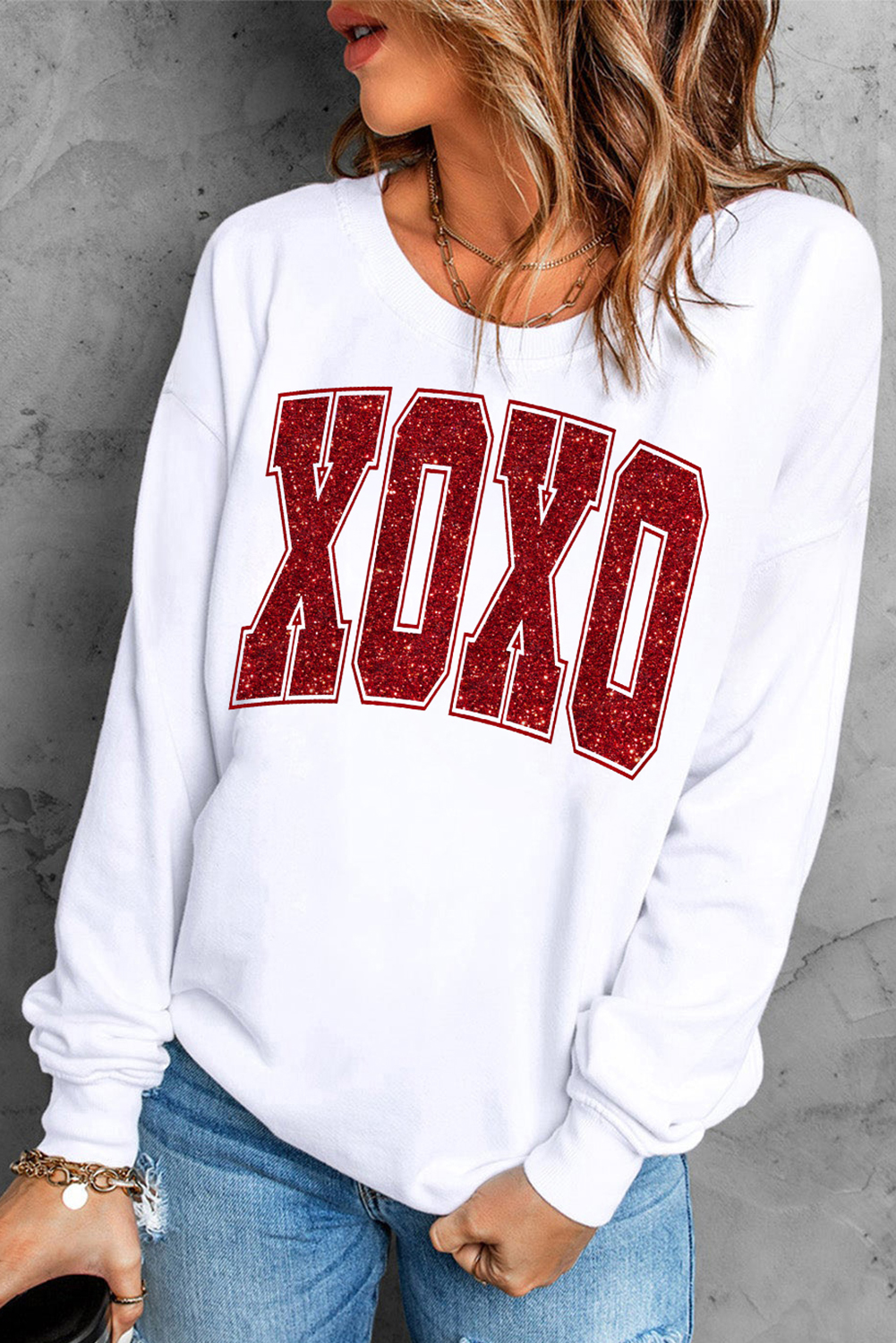 White Glitter XOXO Graphic Crewneck Valentines Pullover Sweatshirt - loveforevers