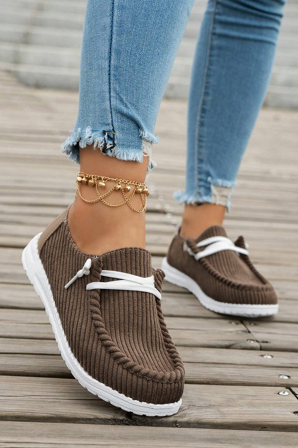 Coffee Solid Ribbed Criss Cross Slip On Casual Shoes - loveforevers
