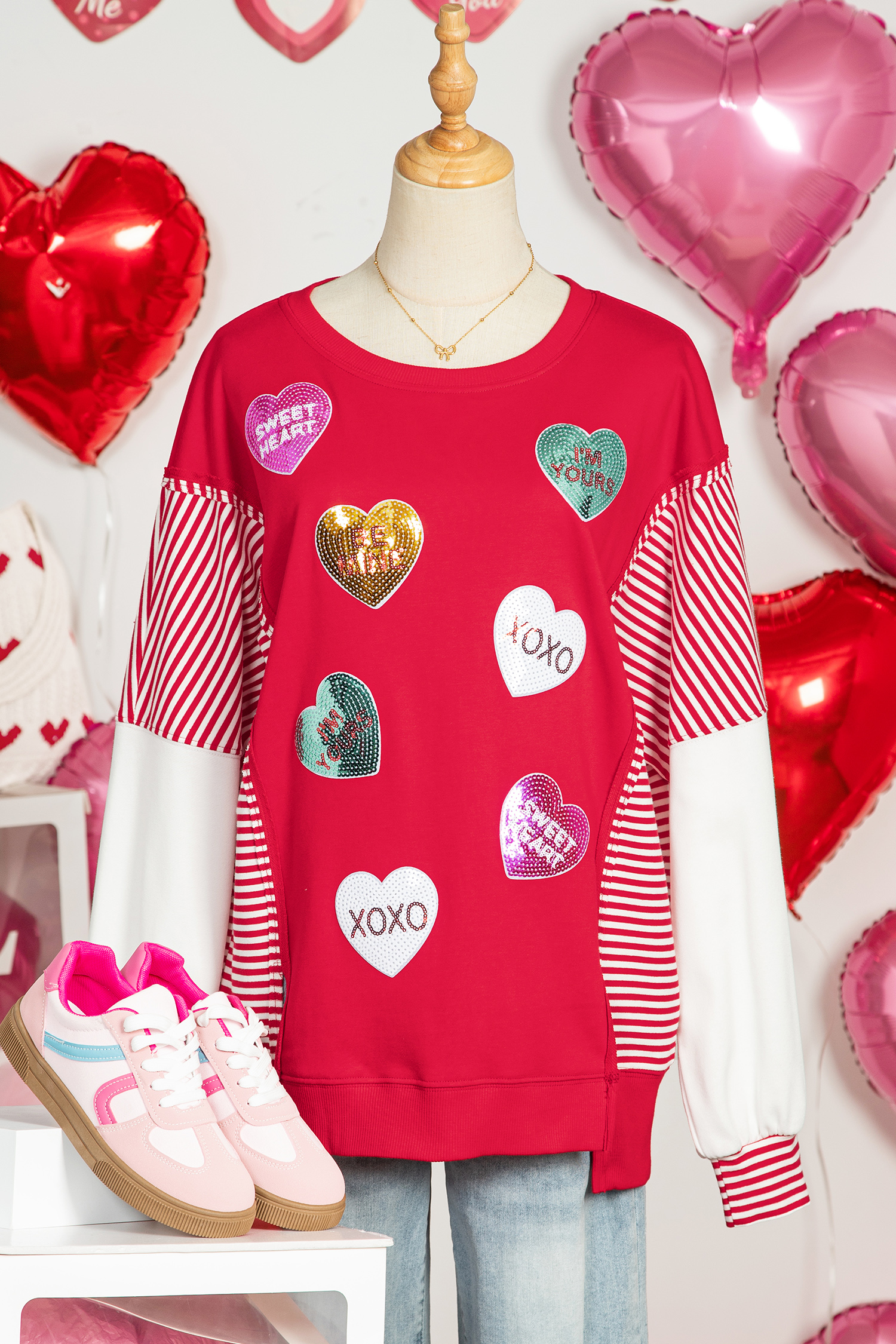 Fiery Red Valentines Day Slogan Sequin Heart Graphic Striped Color Block Patchwork Sweatshirt - loveforevers